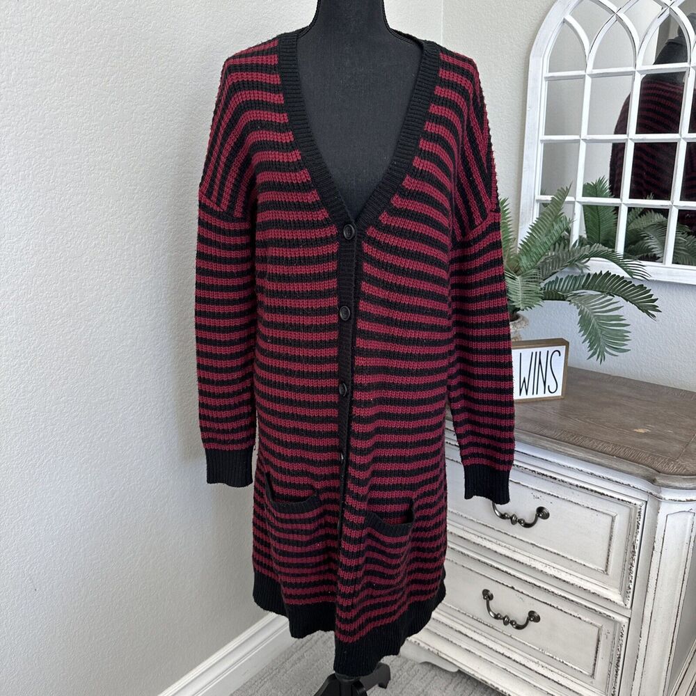 Hot Topic Long Cardigan Sweater, Red, Black, Striped Emo Size Medium Button Down